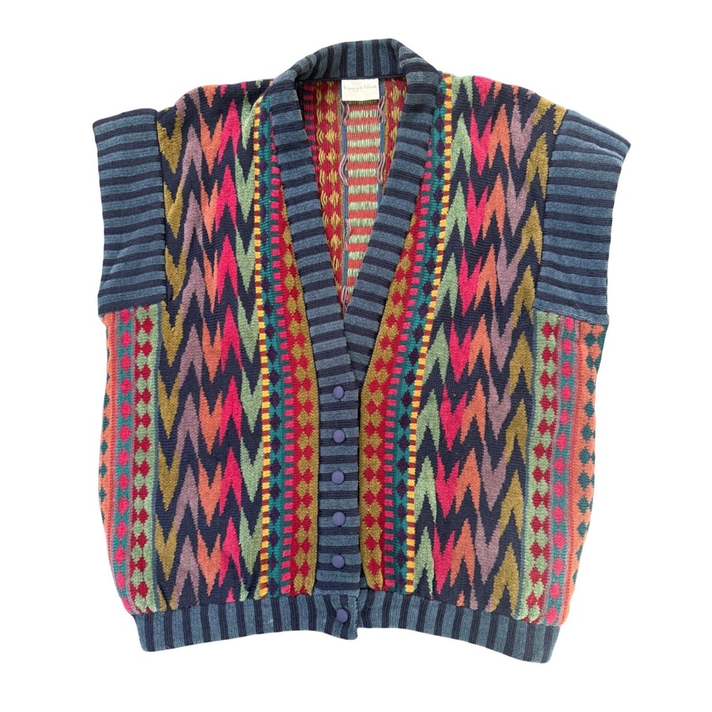 Maggie White Vintage Multi Color Geometric Knit Button Front Cardigan Vest